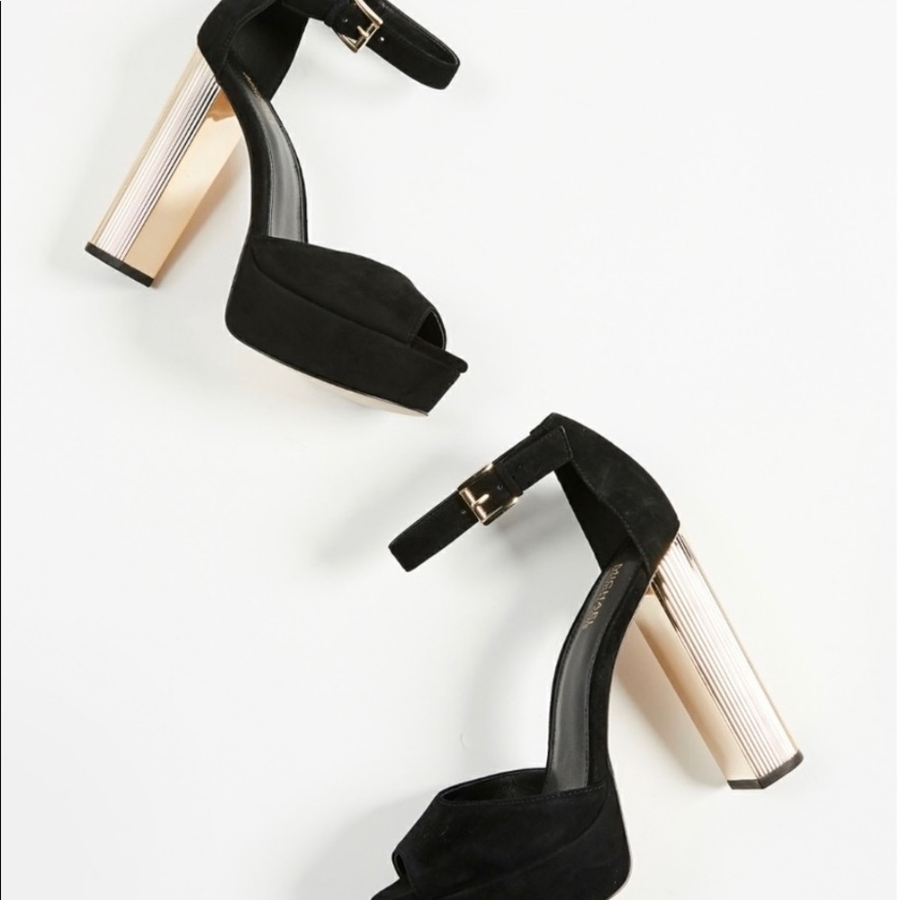 🆕 MICHAEL KORS Paloma Suede Platform Sandals Peep-Toe Black Gold